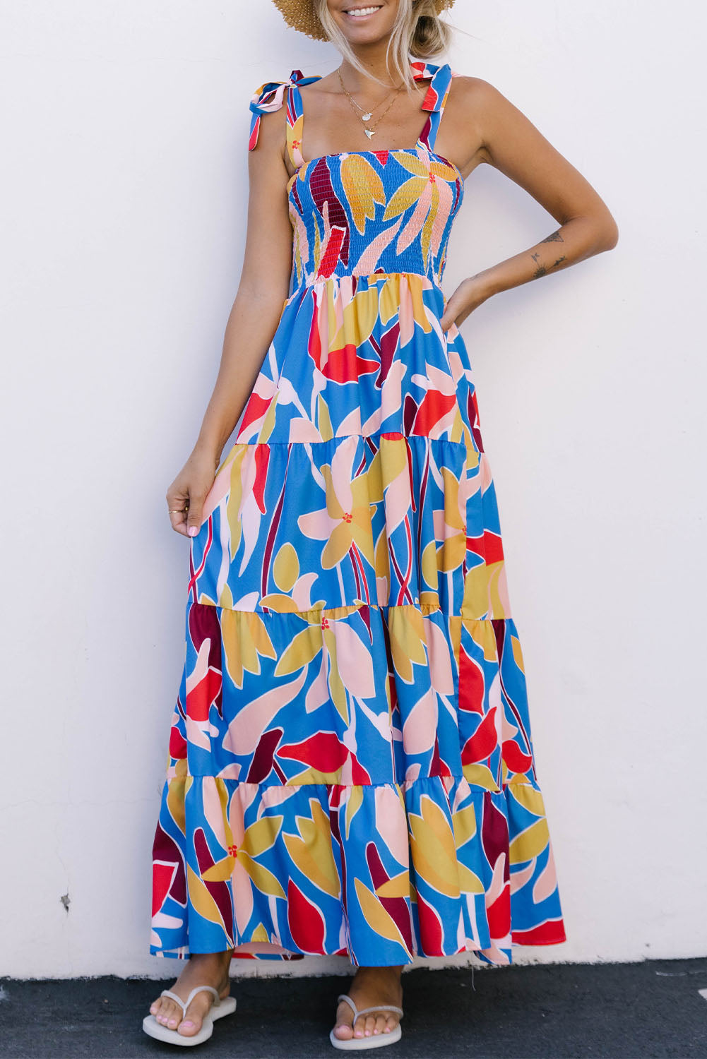 Blue Boho Print Tie Straps Smocked Maxi Dress