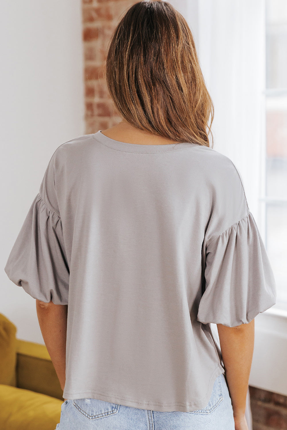 White Joint Bubble Sleeve Round Neck Blouse