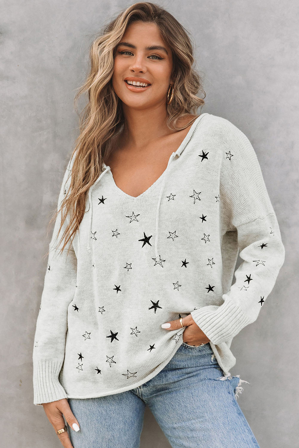 Mini Starfish Embroidery Lightweight Knit Sweater