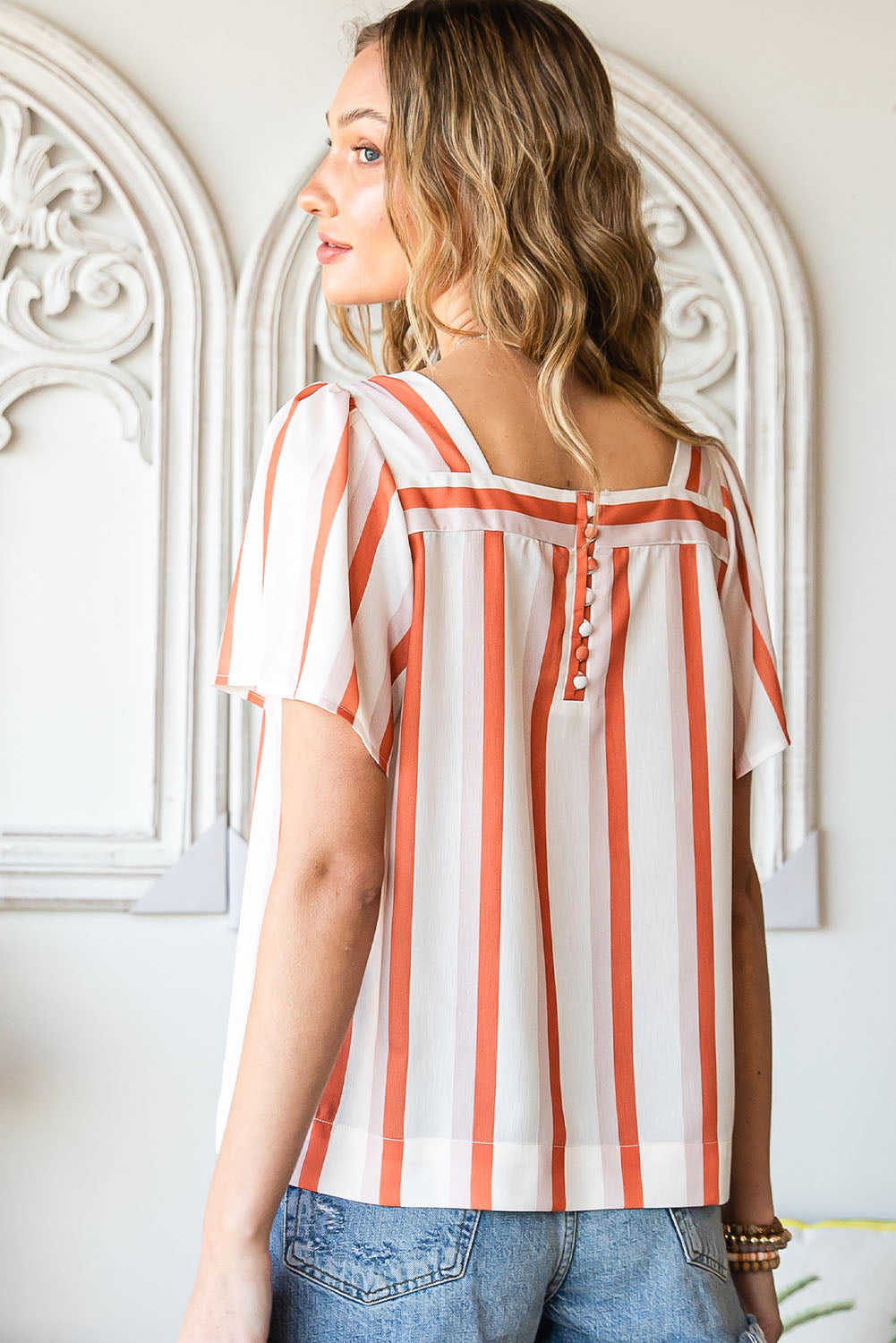 Striped Buttoned Back Square Neck Blouse