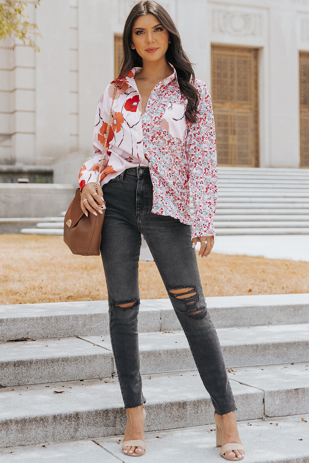 Floral Patchwork Buttoned Shirt with Pocket