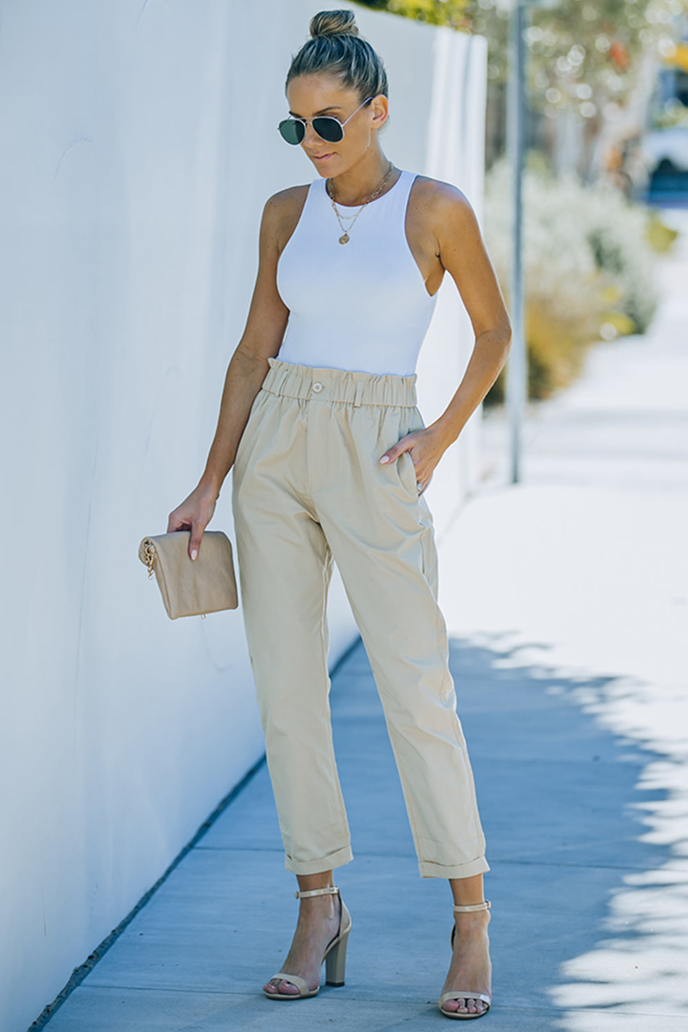 Khaki High Rise Paper Bag Waist Pocketed Casual Pants