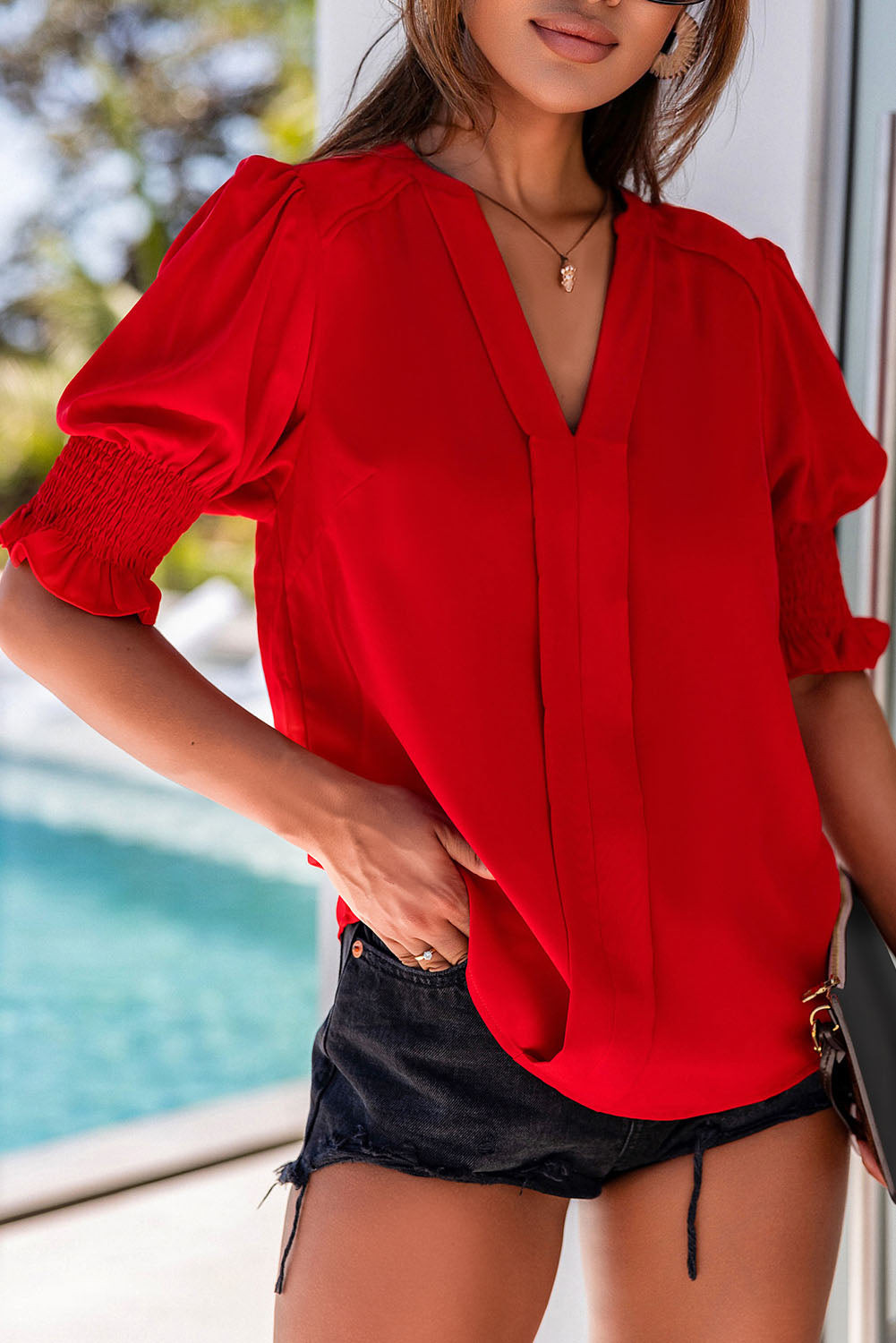 White Solid Color Half Sleeve V Neck Blouse