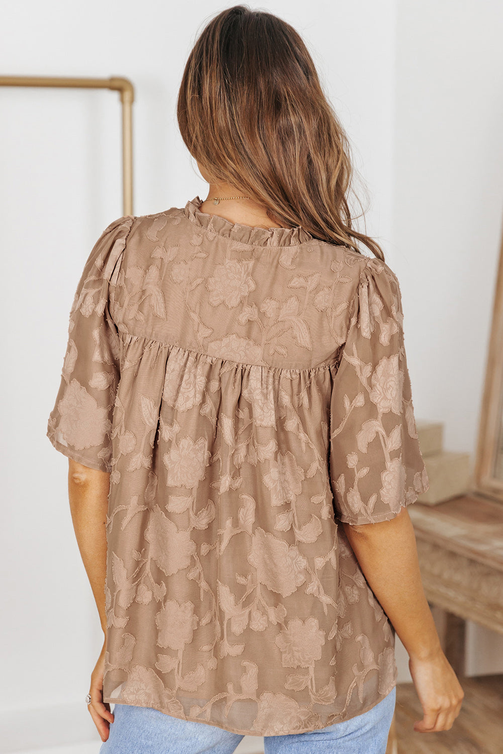 Floral Textured V Neck Buttoned Blouse