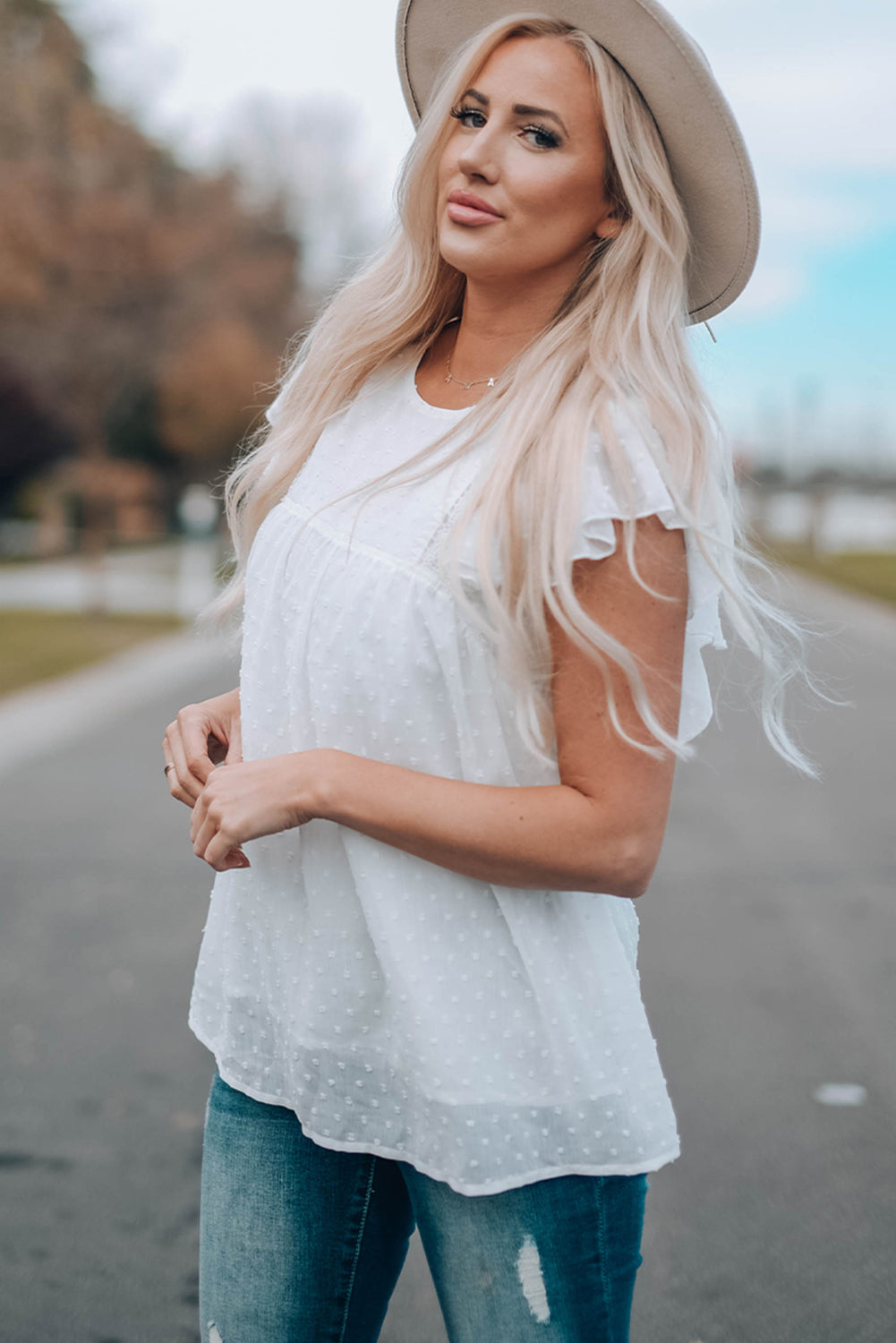 Ruffled Shoulder Dotted Babydoll Top