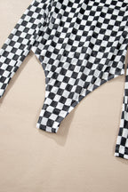Black Checkered Printed Long Sleeve High Neck Bodysuit