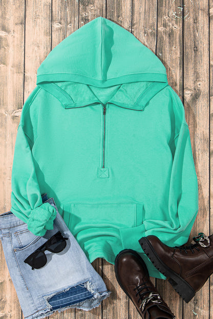 Parchment Solid Kangaroo Pocket Half Zipper Oversized Hoodie