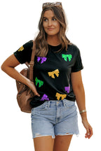 Black Mardi Gras Sequin Bow Knot Crew Neck T Shirt