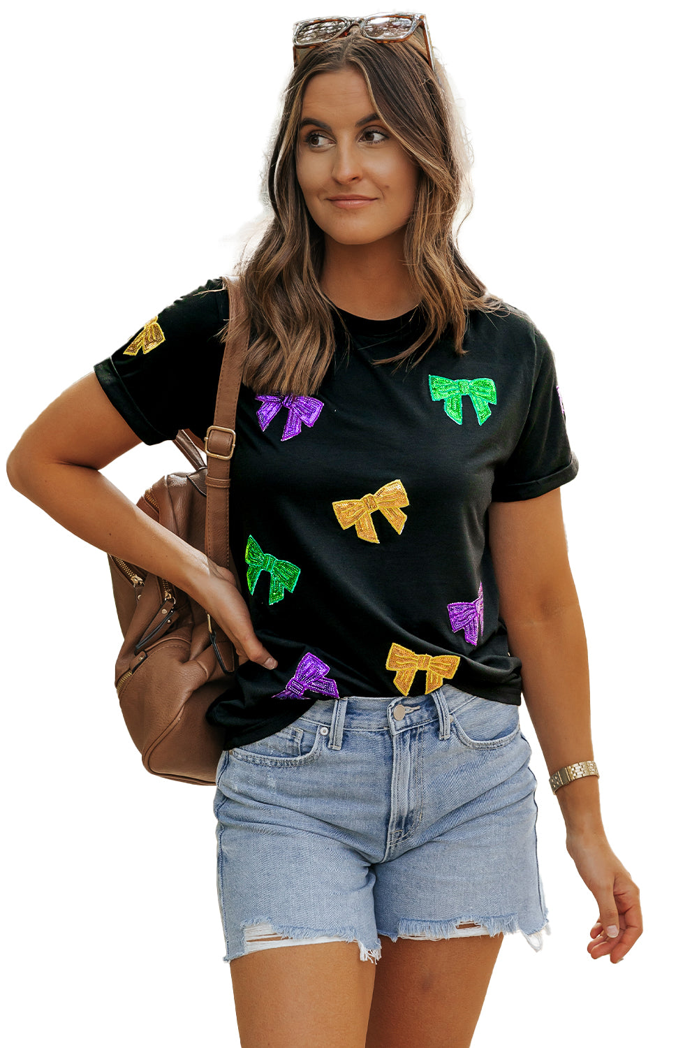 Black Mardi Gras Sequin Bow Knot Crew Neck T Shirt