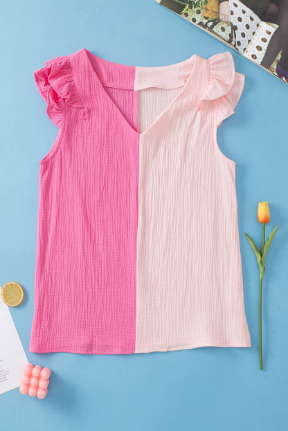 Pink Textured Color Block Tiered Ruffled Sleeve Blouse