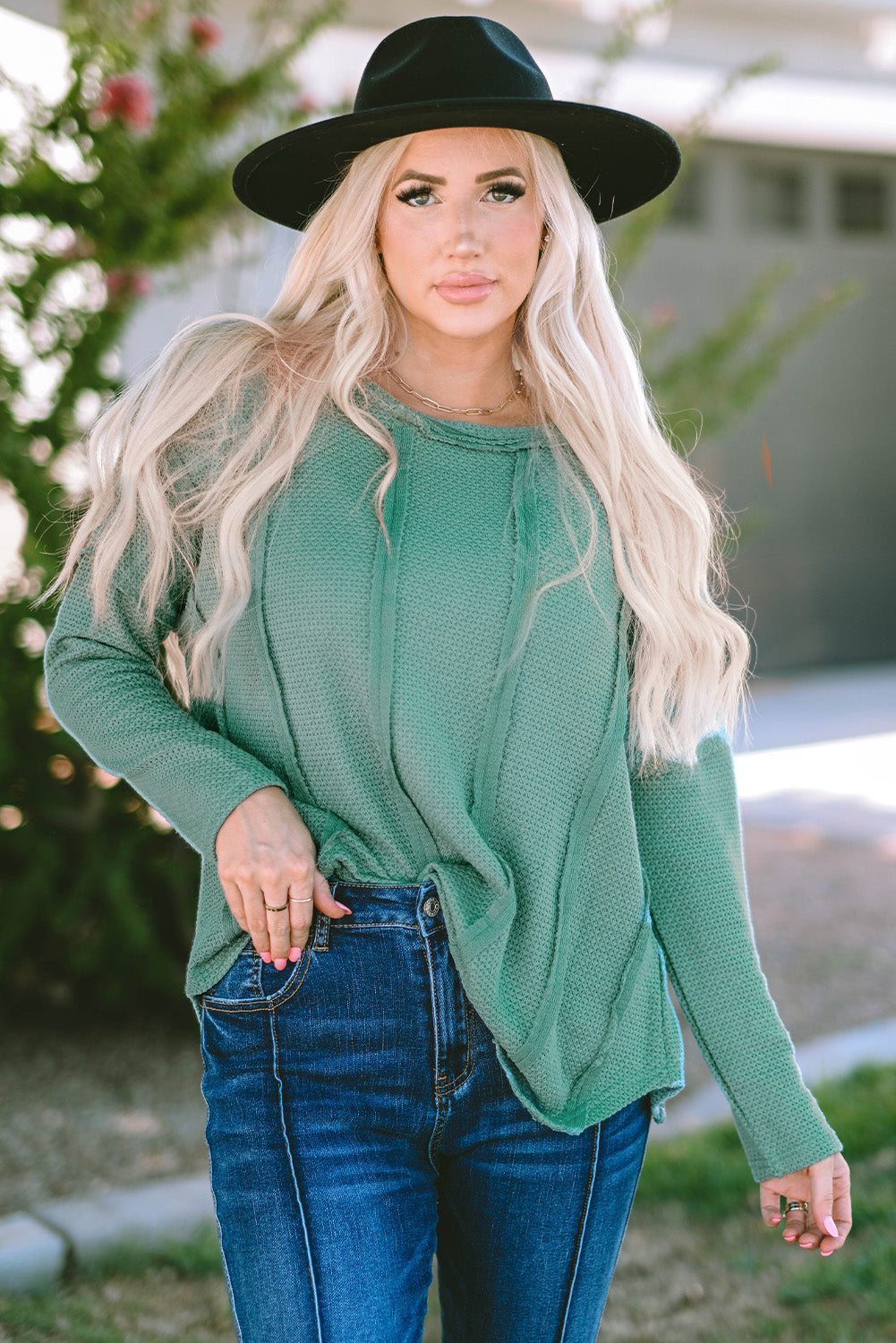 Green Exposed Seam Waffle Knit Loose Top