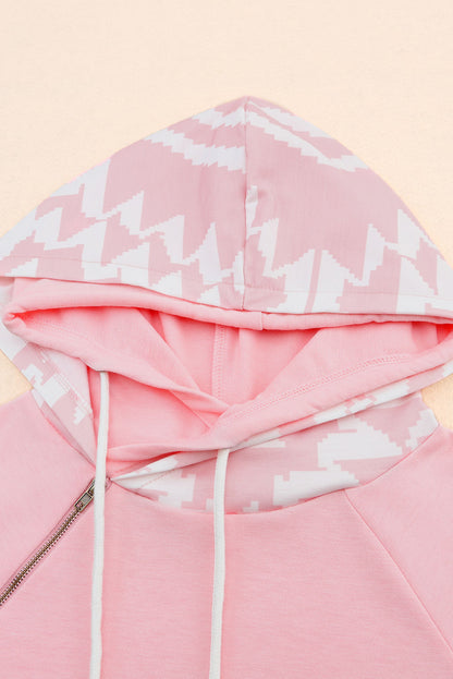 Pink Aztec Print Patchwork Thumb Hole Hoodie