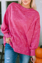 Rose Acid Wash Relaxed Fit Seamed Pullover Sweatshirt with Slits