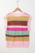 Pink Stripe Crochet Cap Sleeve Loose Fit Sweater T Shirt