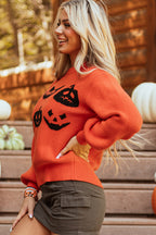 Orange Halloween Pumpkin Face Pattern Drop Shoulder Sweater
