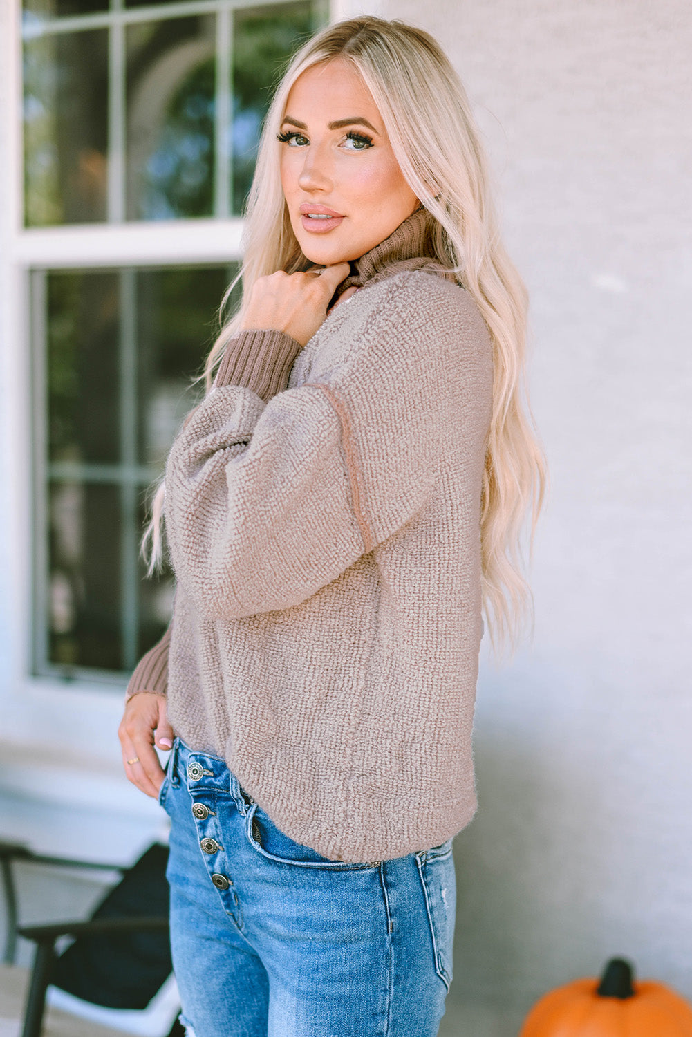 Khaki Contrast Ribbed Turtleneck Sweater