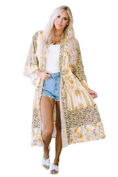 Multicolor Wide Sleeve Mixed Floral Print Long Kimono