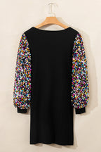 Black Sequin Bishop Sleeve U Neck Mini Sweater Dress