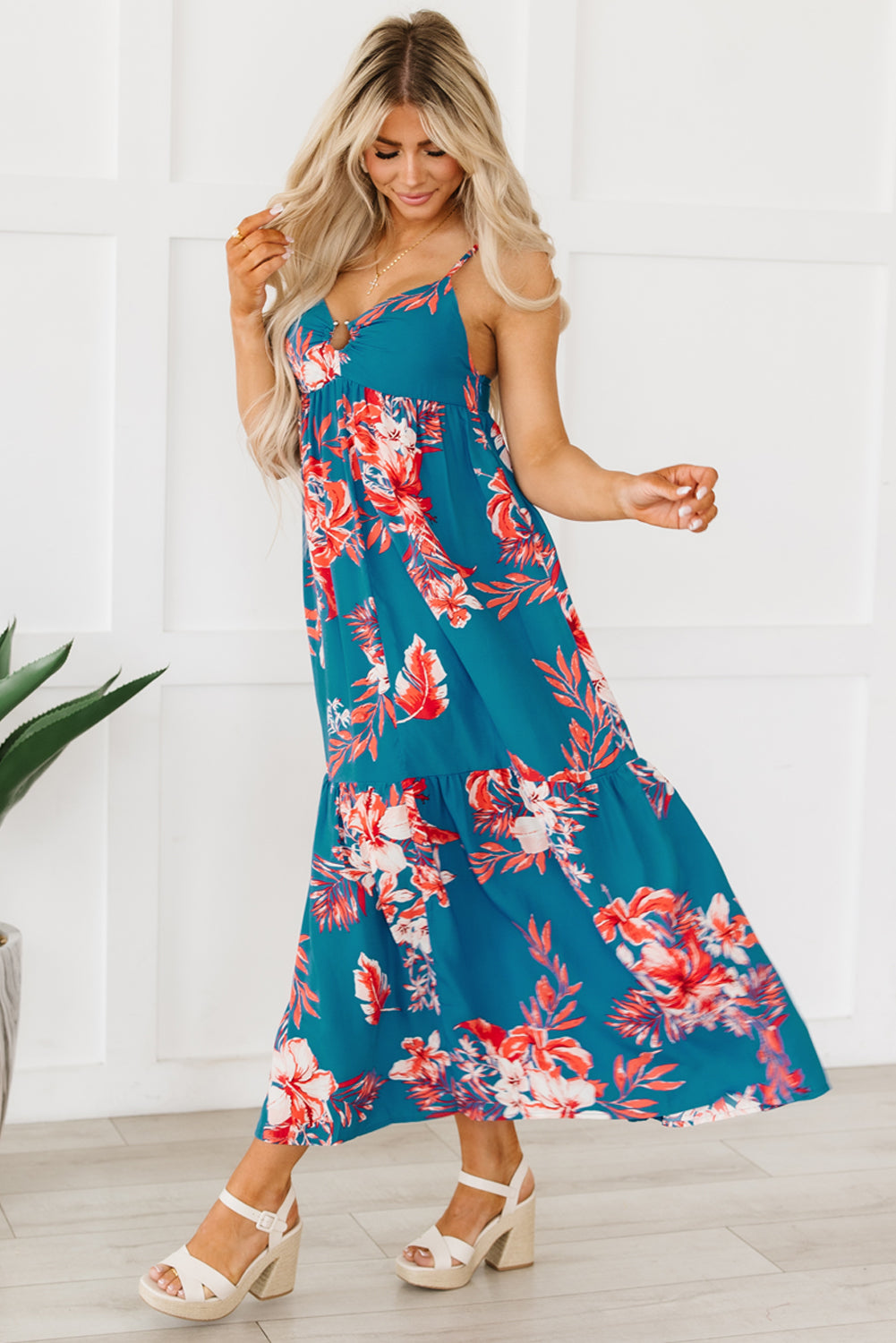 Sky Blue Strappy Open Back Floral Maxi Dress