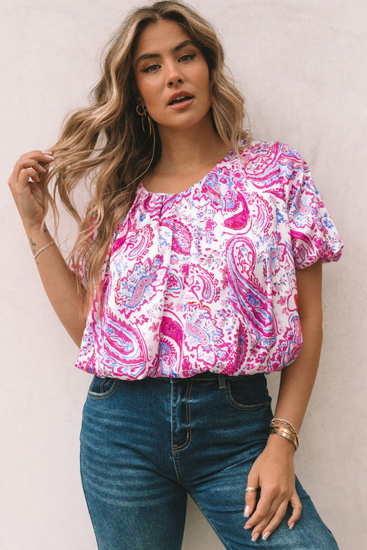 Paisley Pattern Print Puff Sleeve V Neck Blouse