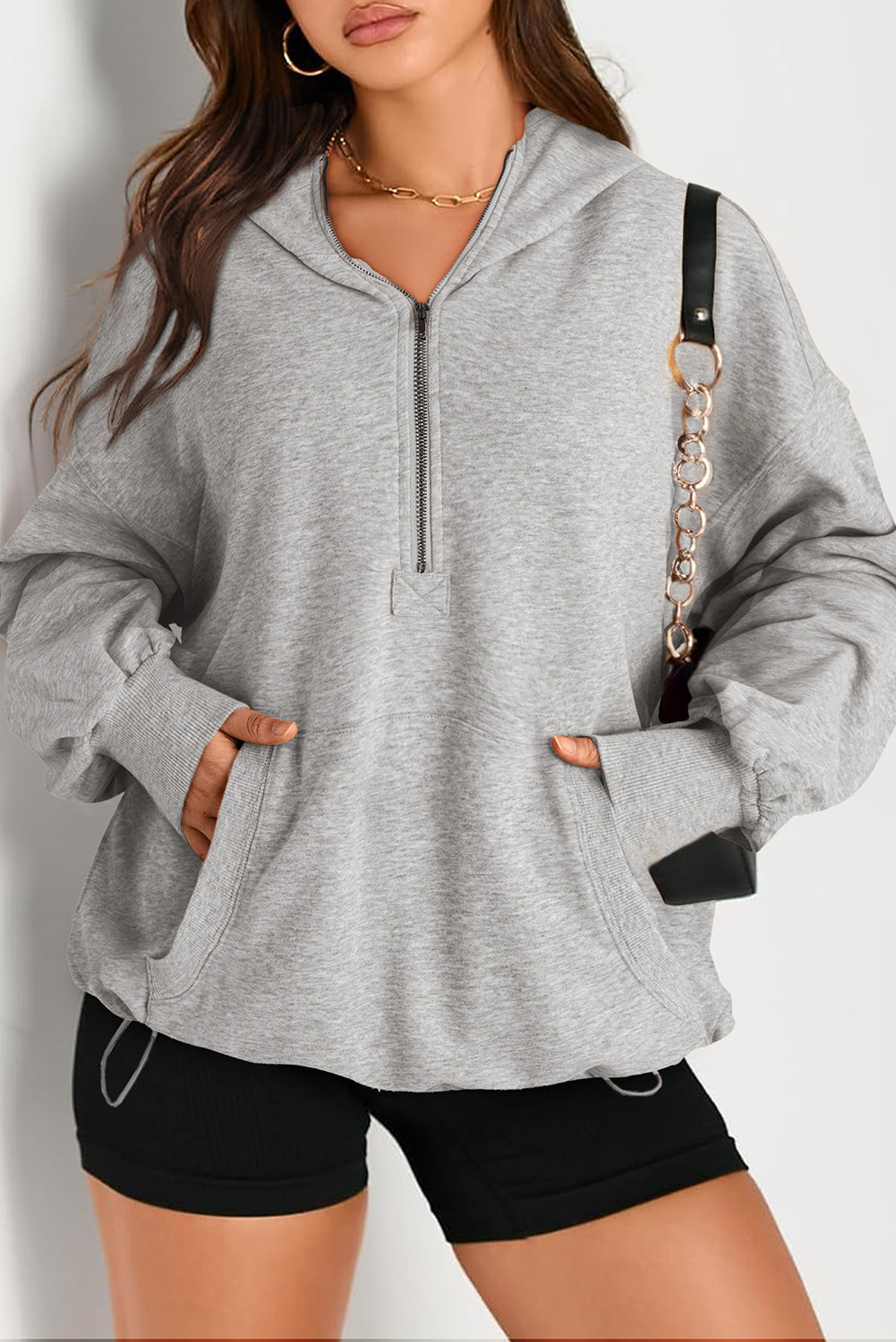 Parchment Solid Kangaroo Pocket Half Zipper Oversized Hoodie