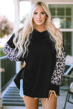 Black Leopard Splicing Sleeve Ruffle Loose Sweatshirt