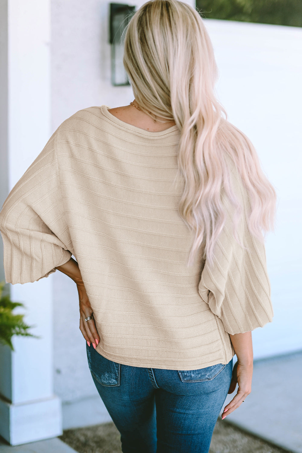 Apricot Exposed Seam Ribbed Knit Dolman Sweater