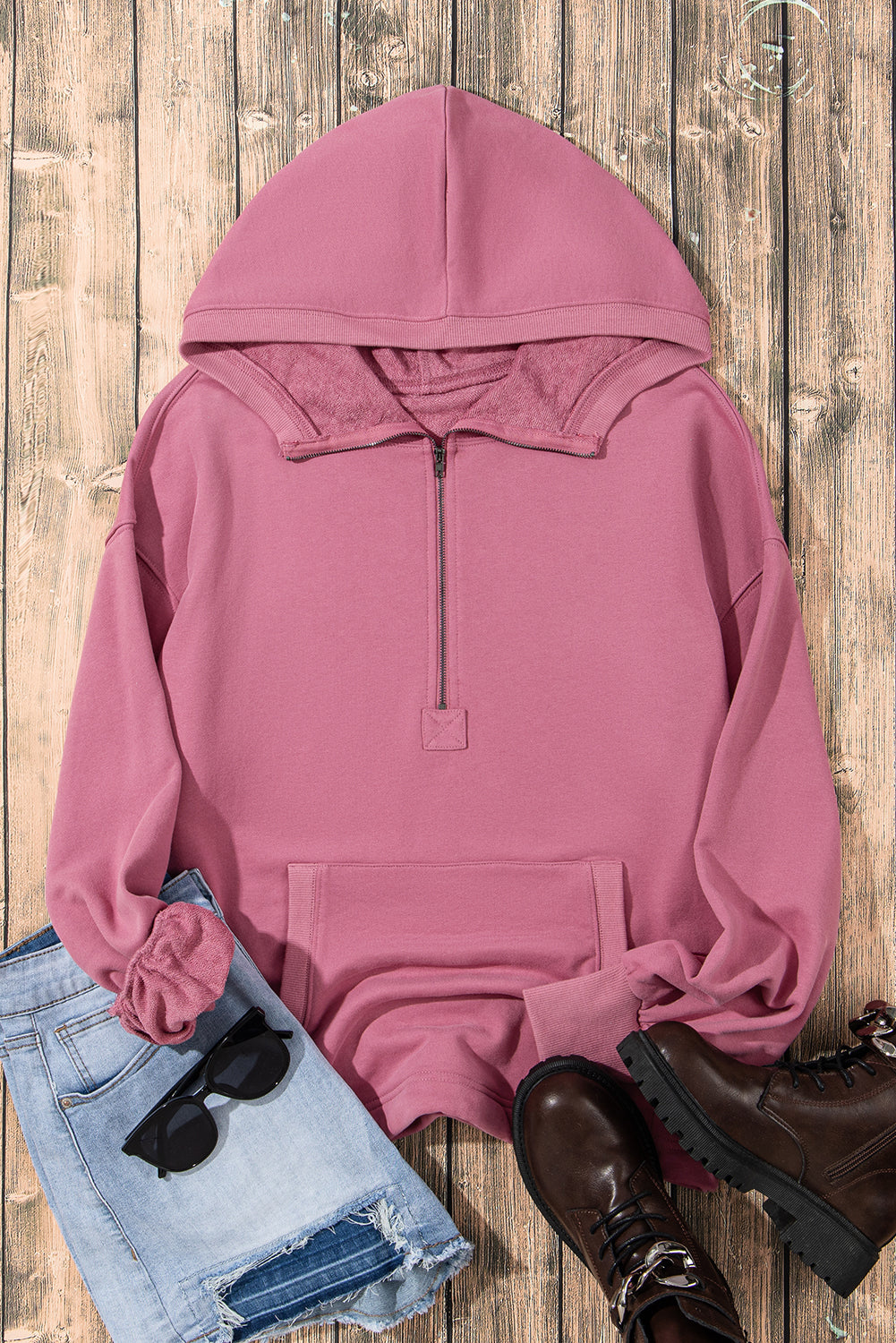 Parchment Solid Kangaroo Pocket Half Zipper Oversized Hoodie