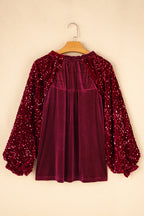 Evergreen Sequin Patchwork Sleeve Button Up Velvet Top