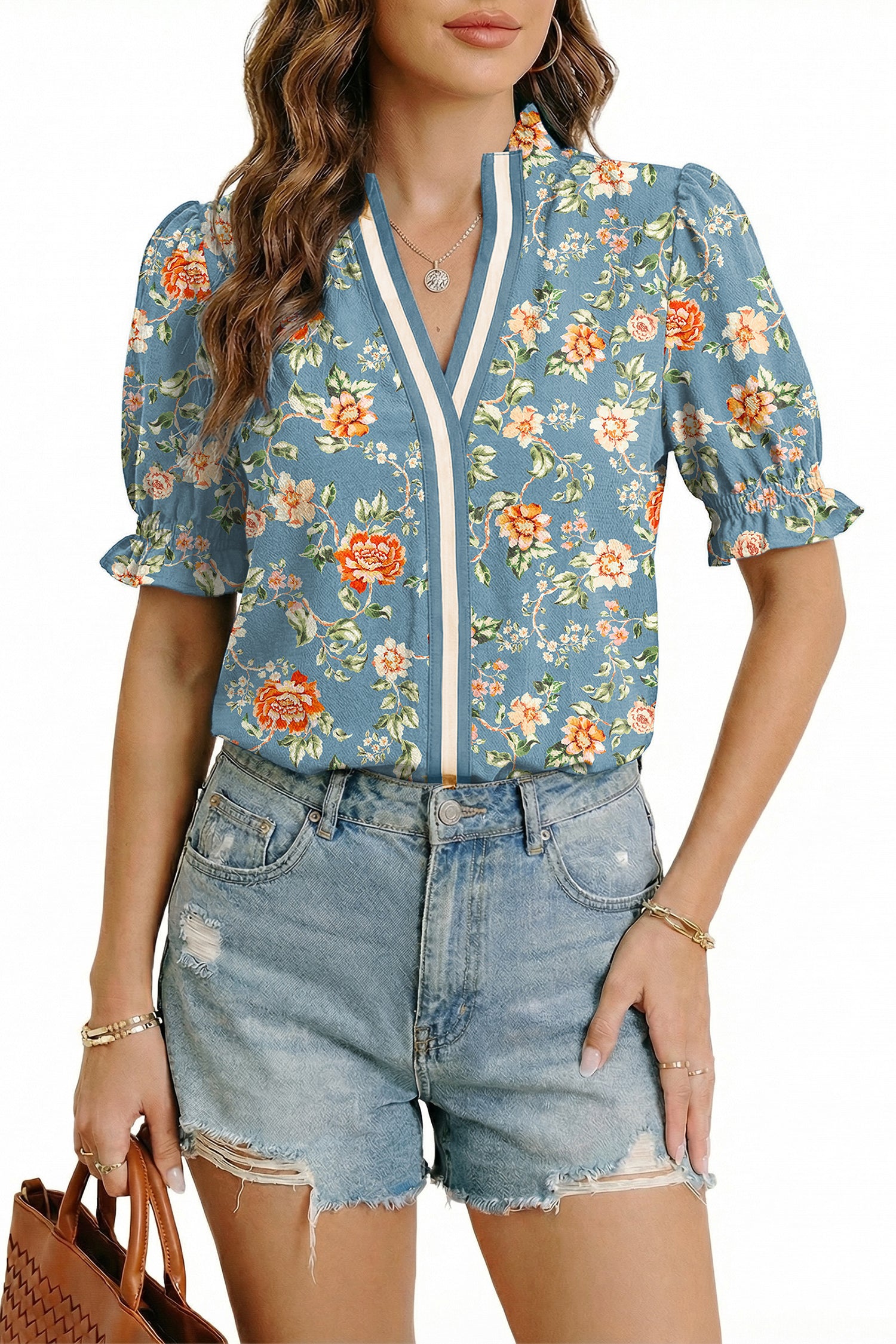 Sky Blue Floral Print Striped Contrast V Neck Frilly Smocked Trim Short Sleeve Blouse