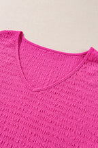 Bright Pink Plus Size Textured Folded Sleeve V Neck T Shirt