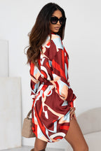 Brown Abstract Print Belted High Waist Button-up Mini Dress