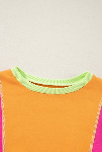 Grapefruit Orange Colorblock Patchwork Exposed Stitching Oversize Top