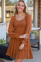 Black Bishop Sleeve Smocked Tiered Mini Dress