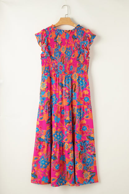 Red Floral Print Ruffled Sleeveless Plus Size Long Dress