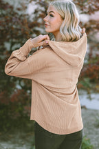 Khaki Buttoned V Neck Drawstring Knit Hoodie