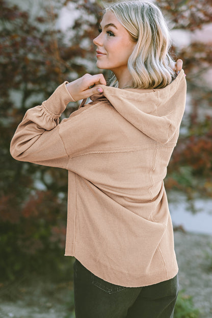 Khaki Buttoned V Neck Drawstring Knit Hoodie