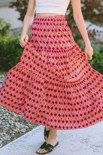 Rose Vintage Boho Floral Print Tiered Maxi Skirt