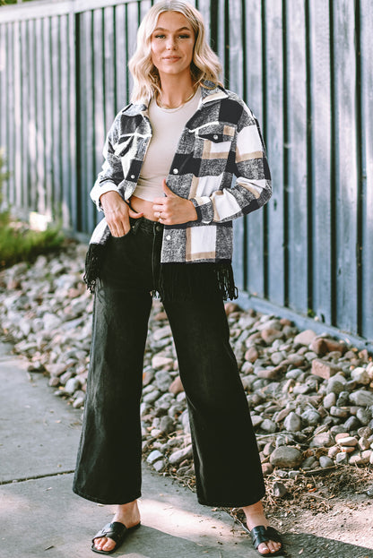 Black Plaid Snap Button Pocket Fringed Hem Jacket