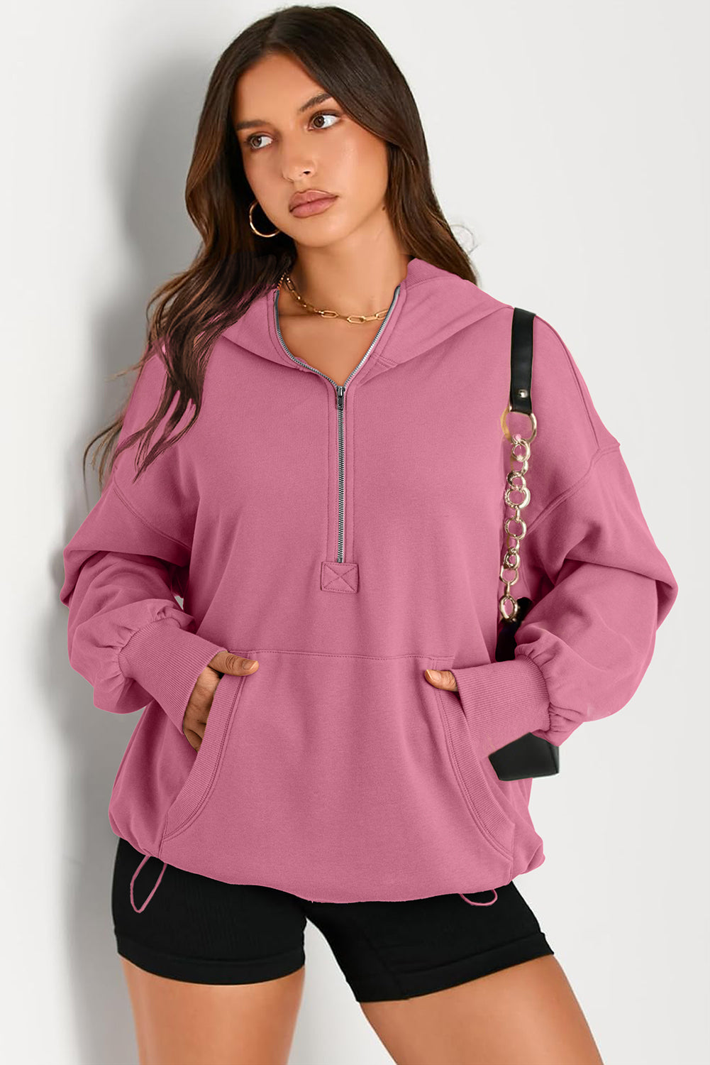 Parchment Solid Kangaroo Pocket Half Zipper Oversized Hoodie