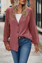 Black Waffled Knit Lace Long Sleeve Buttoned Cardigan