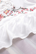 White Floral Embroidered Ruffled Lace-up V Neck Top