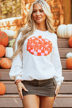 White Terry Halloween Pumpkin Patched Pattern Pullover Sweatshirt