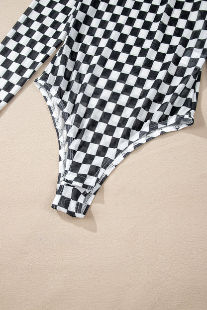 Black Checkered Printed Long Sleeve High Neck Bodysuit
