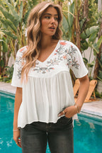 Floral Embroidered V Neck Crinkle Babydoll Blouse