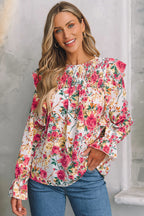 White Floral Printed Ruffle Trim Long Sleeve Blouse