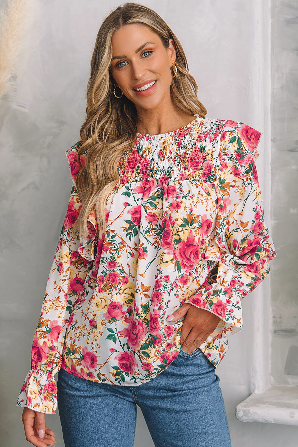 White Floral Printed Ruffle Trim Long Sleeve Blouse