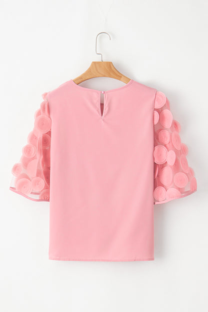 Dusty Pink Contrast Applique Mesh Half Sleeve Blouse