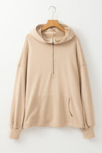 Parchment Solid Kangaroo Pocket Half Zipper Oversized Hoodie