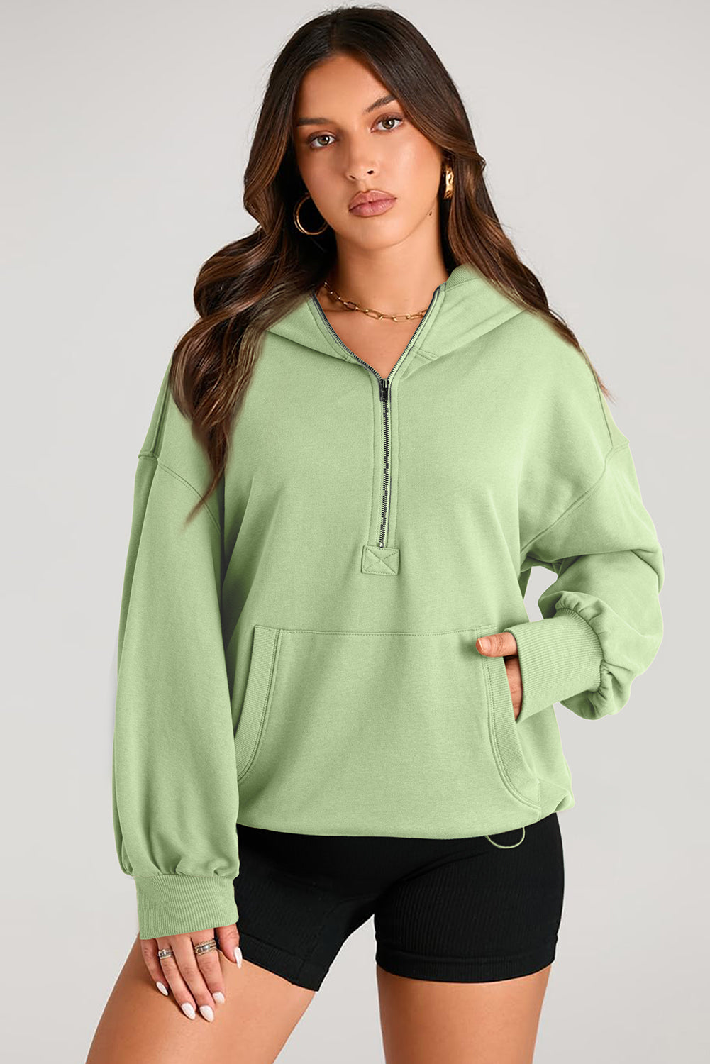 Parchment Solid Kangaroo Pocket Half Zipper Oversized Hoodie